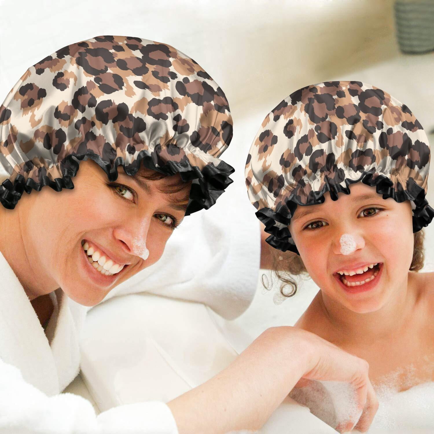 Shower Caps,Beige and Brown Leopard Pattern Waterproof Shower Cap for Women 4 Pieces,Double Reusable Hair Cover for Shower PEVA Elastic Stretch Hem