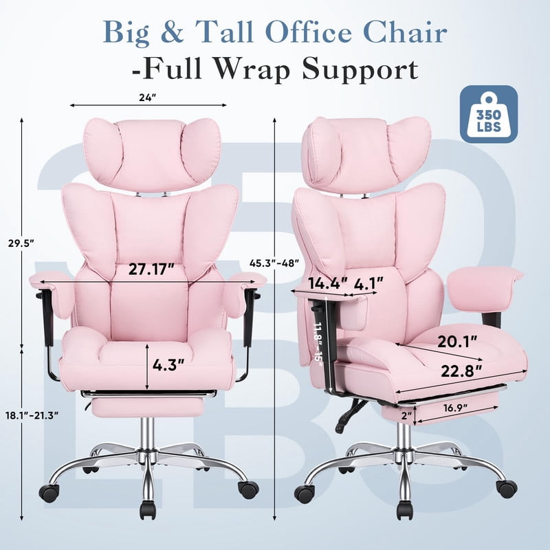 Simple Deluxe Big and Tall Office Chair 350 lbs, PU Leather Executive Desk Chair with Footrest, Pocket Spring Cushion, Ergonomic Reclining Computer Chair for Home Office, Pink