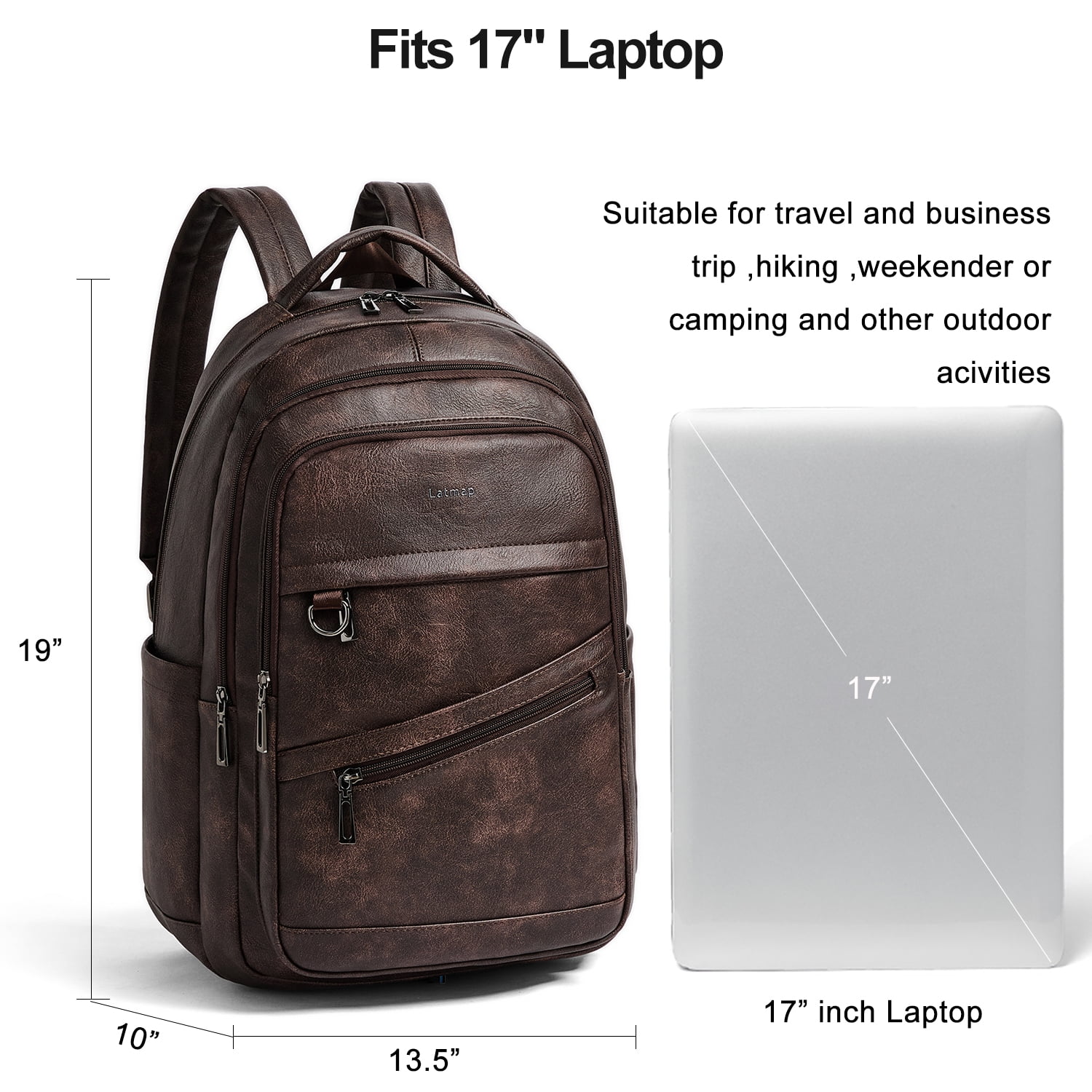 43L Vegan Leather Backpack for Women & Men, Travel Carry On Backpack, College Bookbag, Work Laptop Backpack fits 17 inch Laptop，Coffee
