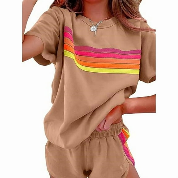 VIWORLD 2-Piece Women's Striped Shorts Set, Summer Short Sleeve Top & Shorts Outfit, Casual Athletic Outfit Brown,S