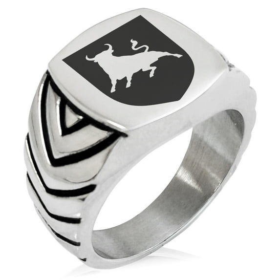 Stainless Steel Bull Bravery Coat of Arms Shield Chevron Pattern Biker Style Polished Ring