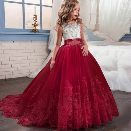 

KONBECA Toddler Girls Princess Dress Little Girls Party Wedding Formal Dress Lace Embroidery Bowknot Mesh Dress Kids Pageant Flower Girl Sleeveless Dress Birthday Gifts for Girls Red (7-8 Years)