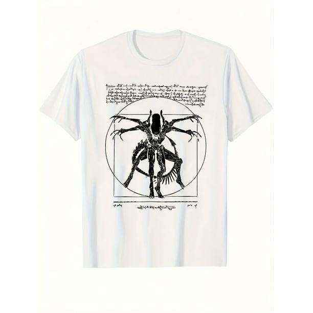 Men'S Casual Crew Neck T-Shirt with Futuristic Alien & Symbols Graphic, Knitted Medium Stretch Fabric, Regular Fit - Black Short Sleeve Tee with Geometric Patterns