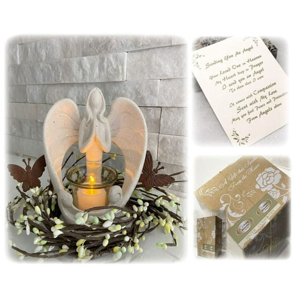 Memorial Angel Candleholder Statue with LED Tealight, Sympathy Gifts in Loving Memory with Condolences Card, Remembrance Angels Candle Holder, Memories of Loved One, Celebration of Life Decorations