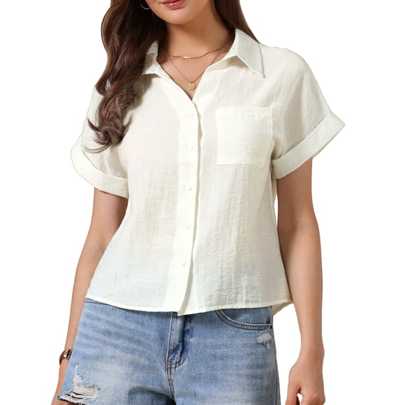 Camisa de botón INSPIRE CHIC para mujer, blusa de verano de manga corta y cuello, M blanca para trabajo casual