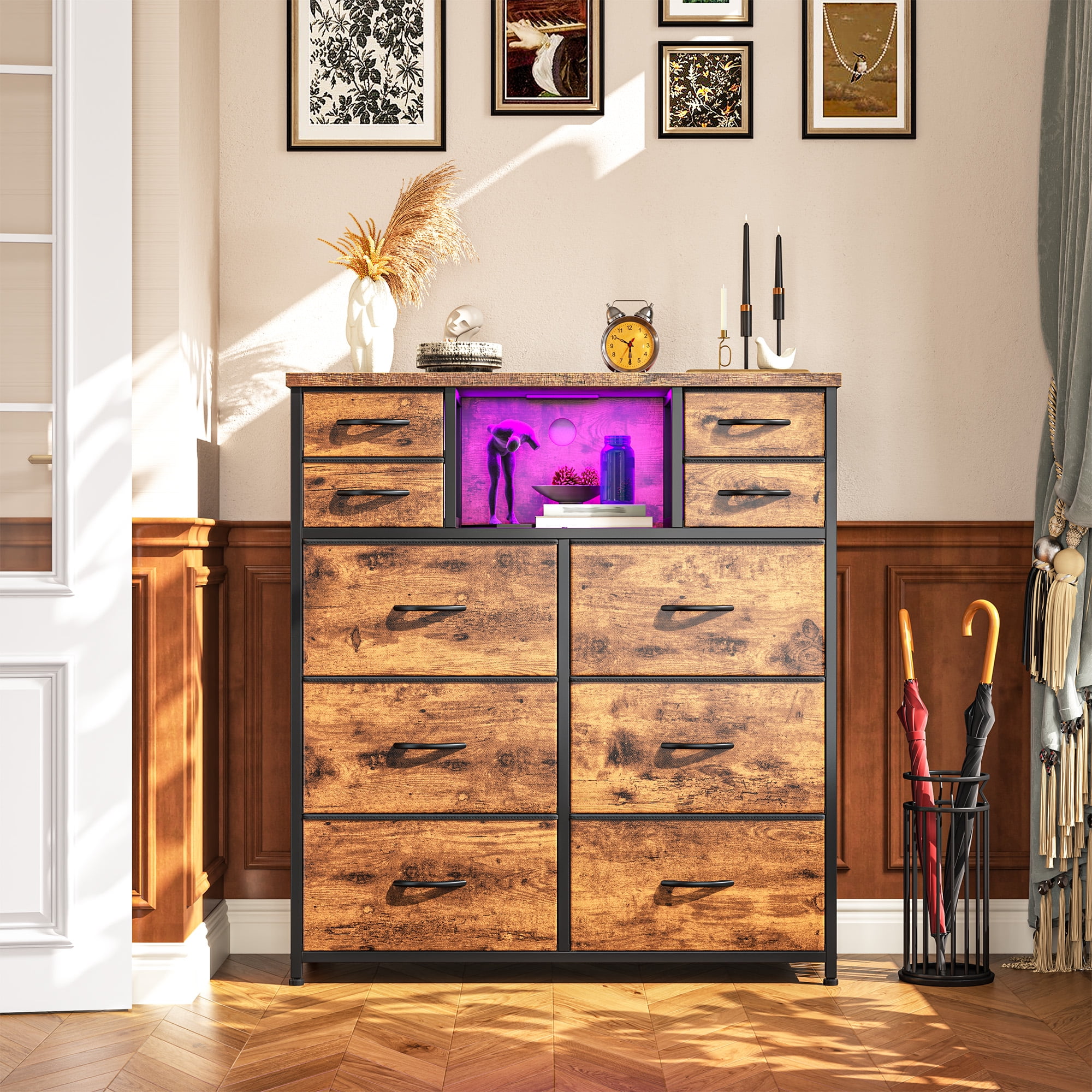 Romorgniz Tall Dresser for Bedroom with 10 Drawers Featuring LED Lights & Power Outlet Fabric Dressers & Chest of Drawers with Open Shelves, Rustic Brown