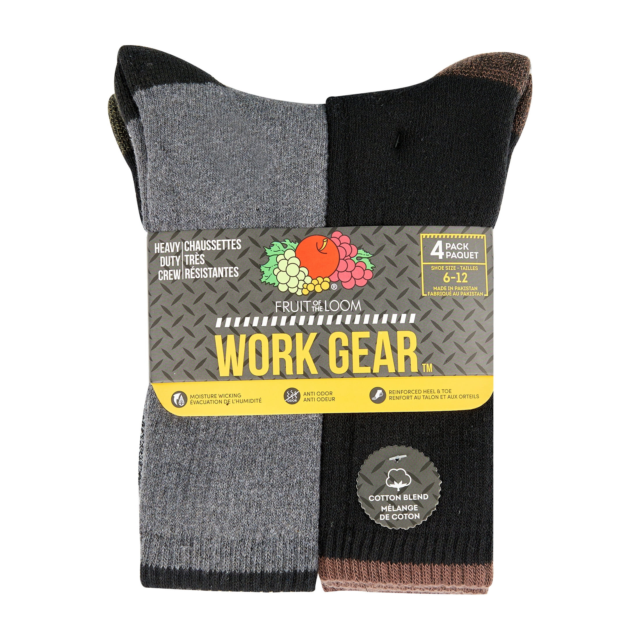 Fruit of the Loom Work Gear Heavy Duty Men's Crew Socks, Sizes 6-12, 4-Pack