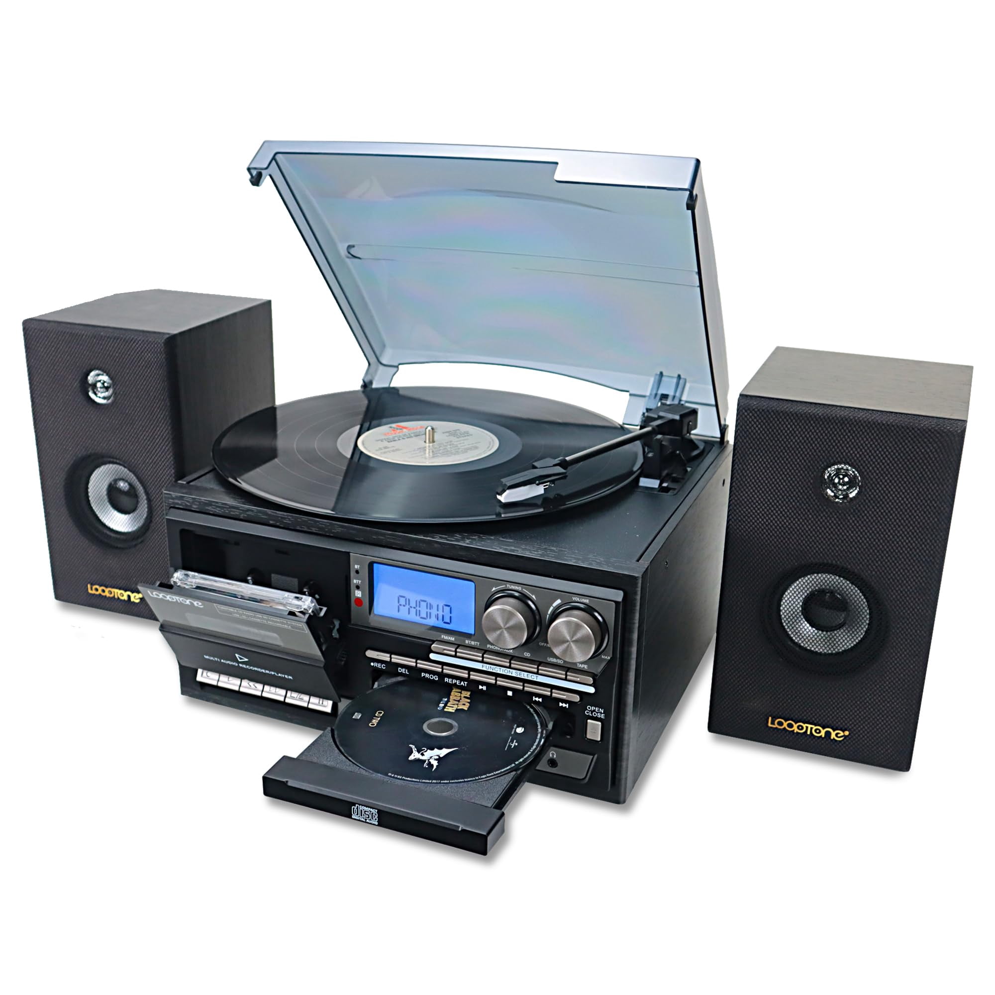 LoopTone Vinyl Record Player with Dual 15W External Speakers 10 in 1 3 Speed Bluetooth Vintage Turntable CD Cassette Player AM/FM Radio USB Recorder Aux-in RCA Line-Out