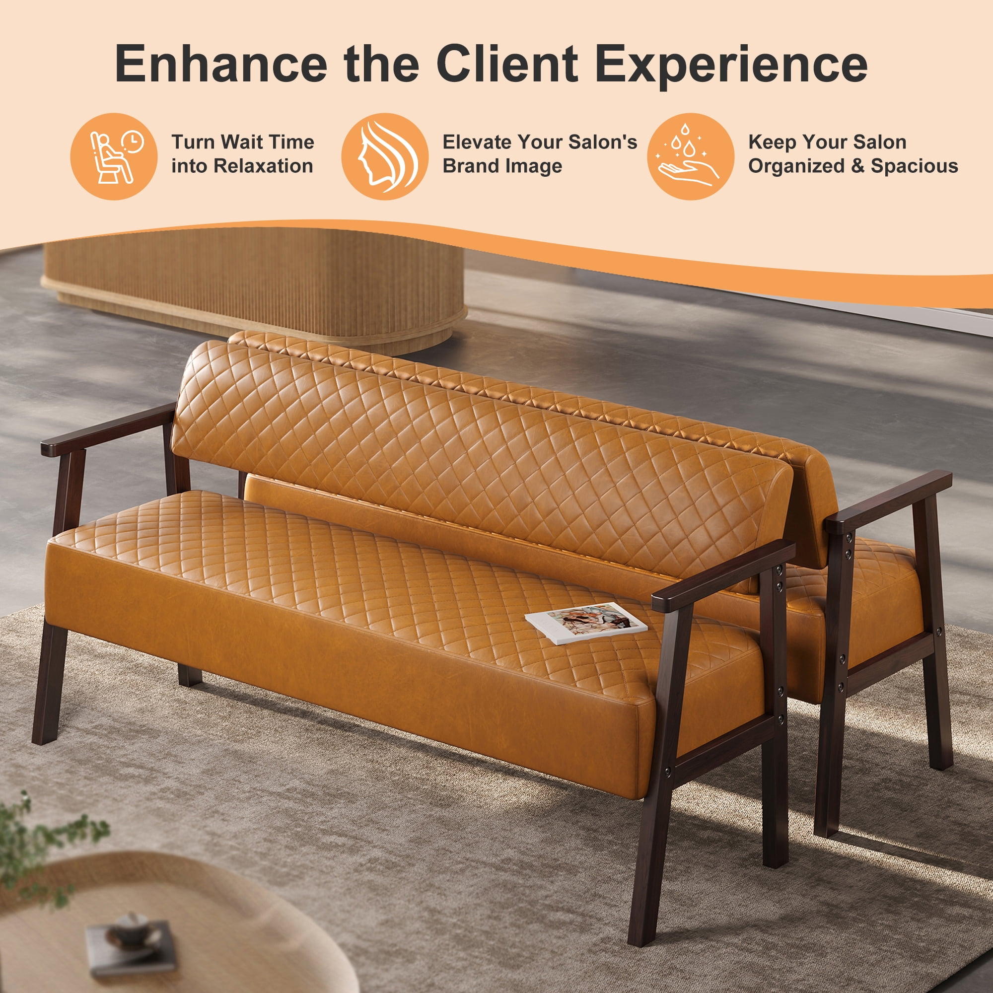 AISWORD 2PCS 58.27" PU Faux Leather Upholstered Bench Set with Backrest,Diamond Quilted Entryway Bench with Wood Arms for Living Room,Office & Salon Waiting Room,Dark Brown