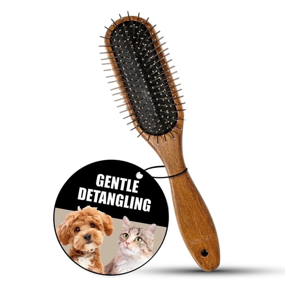 Tauro Pro Line Wooden Dog & Cat Brush with Rounded Tip Pins for Gentle Massage, Deshedding & Detangling Tool, Oblong Flexible Cushion, 2.36 x 8.85 in