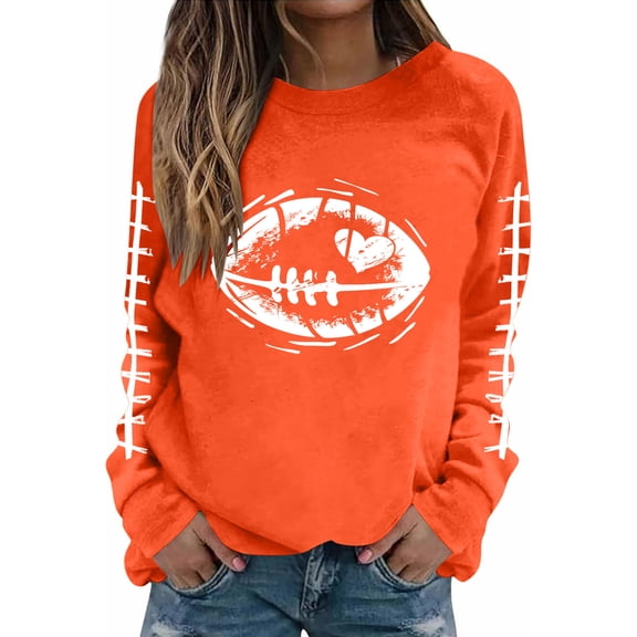 Mceream Womens Football Game Day Sweatshirt Casual Sunday Funday Sweatshirts Crew Neck Football Season Holiday Casual Long Sleeve Tops Orange S