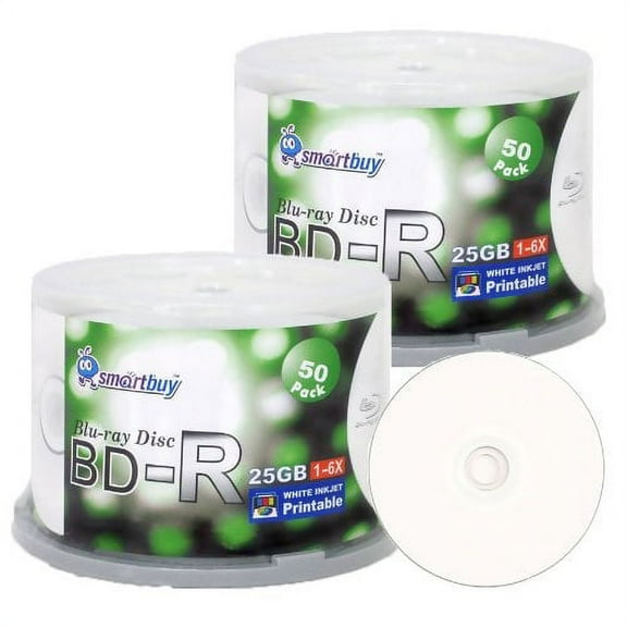 Smart Buy 100-disc 25GB 6x BD-R BDR Blu-Ray Single Layer White Inkjet Hub Printable Blank Data Recordable Media Disc with Cake
