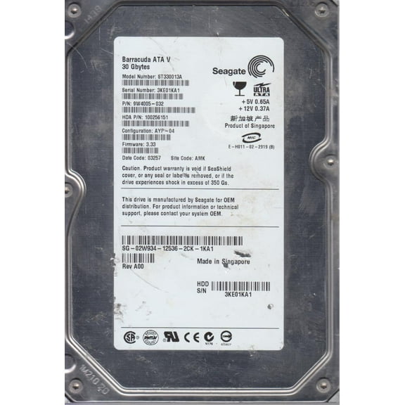 ST330013A, 3KE, AMK, PN 9W4005-032, FW 3.33, Seagate 30GB IDE 3.5 Hard Drive