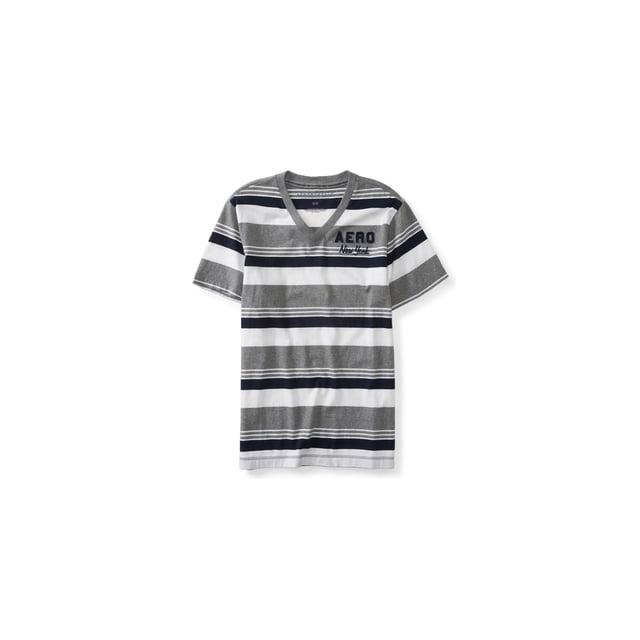 Playera adornada Aeropostale para hombre gris extragrande con cuello en V a rayas bordadas