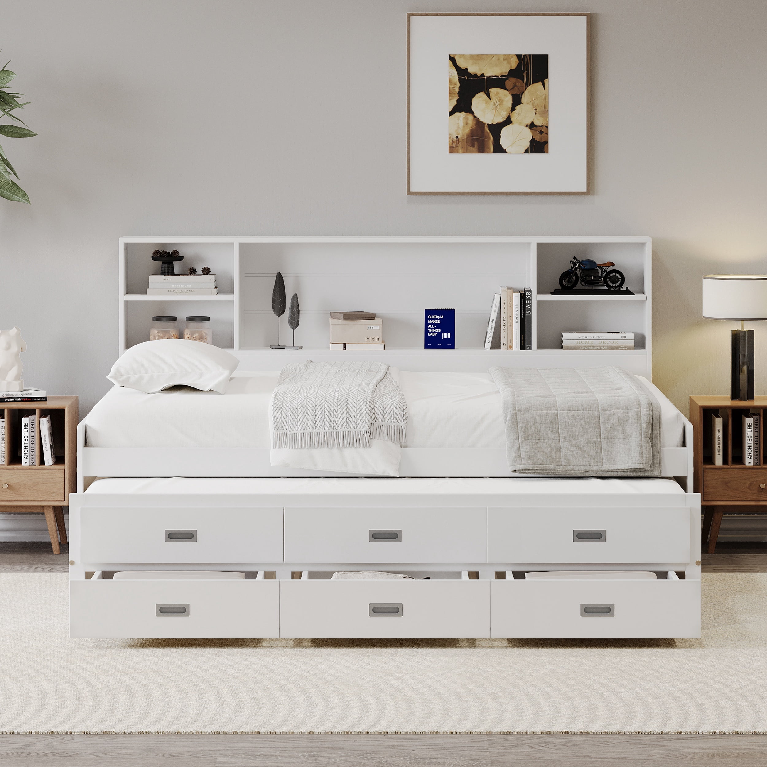 PORKISS Twin Size Daybed, Wooden Captain Daybed with Storage Bookcase Headboard, Modern Captain’s Bed with Trundle and Storage Drawers for Kids, Teens, No Box Spring Needed, White