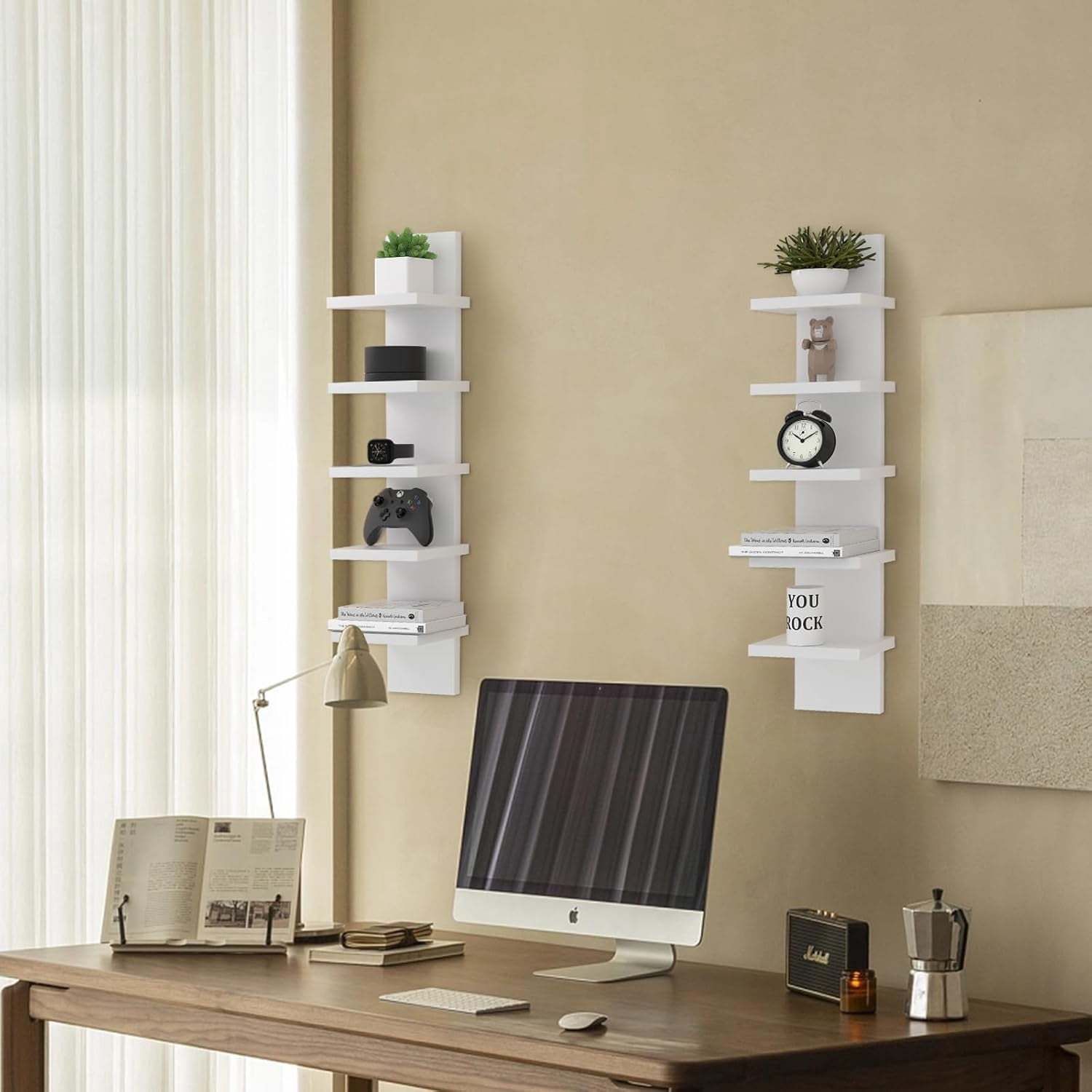 5 Tier Wall Shelves - White Vertical Book Shelf for Wall Storage, Modern Floating Shelves for Bedroom Living Room Vanity