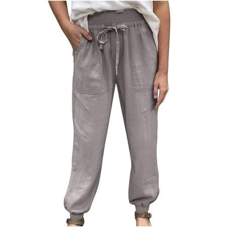 

Dadaria Linen Pants for Women Solid Color with Pockets Bandage Elastic Waist Comfortable Harem Pants Khaki XXL Female