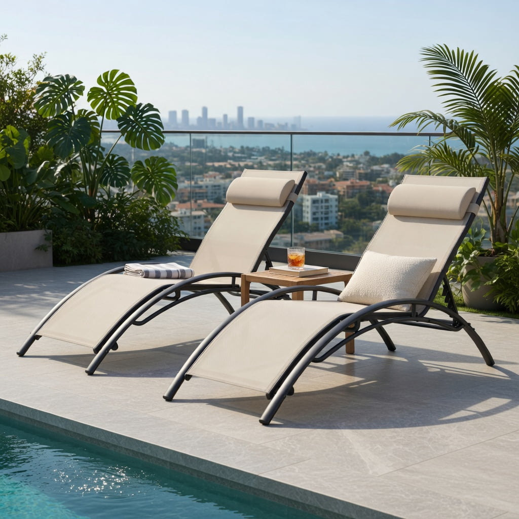 Hommoo 2-Piece Outdoor Chaise Lounge Set with 5-Position Adjustable Reclining Backrest, Heavy-Duty Metal Frame, Breathable All-Weather Fabric, Beige