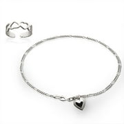 Sterling Silver Heart Charm Anklet and Toe Ring Set