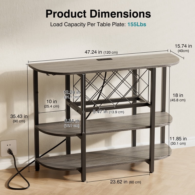 Gianna Bar Cart with Charging Station, LED Home Bar Cabinet with Storage, Metal Small Bar Cabinet, Liquor Cabinet with Glasses & Wine Bottle Holder, Gray