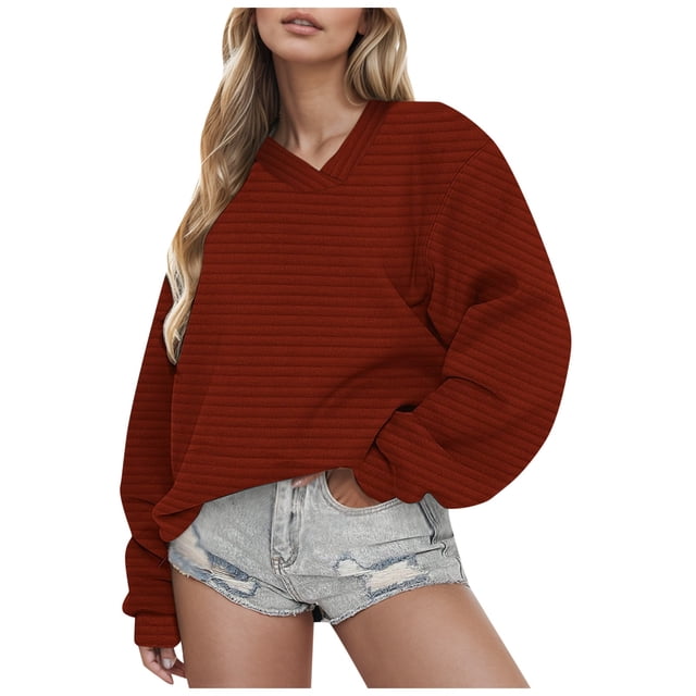 WEAIXIMIUNG Sweatshirt Women Plus Size Solid Color V Neck Long Sleeved Hoodless Sweatshirt for Women