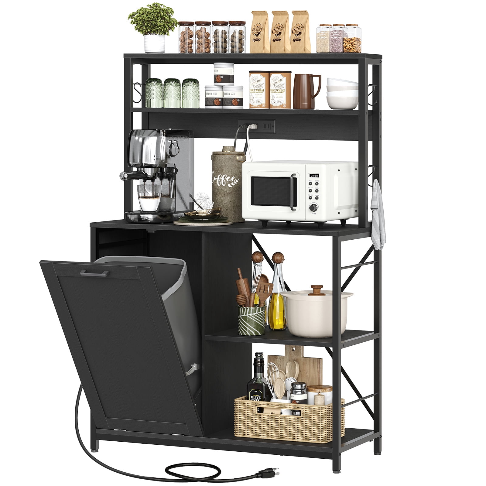 HOOBRO Bakers Rack Microwave Stand with Trash Can Bin Cabinet, 5-Tier Kitchen Storage Shelf Cabinet with Power Outlet, Tall Coffee Bar Table Station for Dining Room, Living Room, Black BB50UHB01