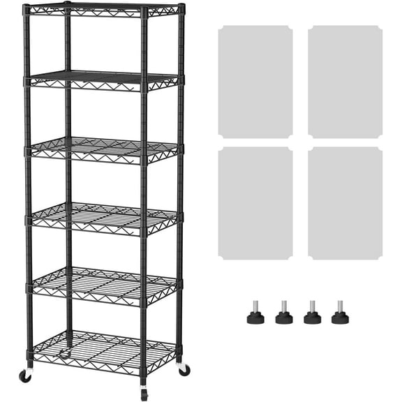 6 Shelf Storage Wire Shelves Closet Bathroom Organizers Metal Pantry Kitchen Small Garage Shelving Unit Laundry Room Organization Home Narrow Rack Net Basket with Wheels Black