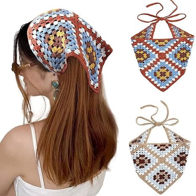 Pañuelo de crochet para la cabeza, pañuelo para el cabello, 2 piezas, bufandas de punto para el cabello, pañuelo para el cabello de ganchillo, pañuelo para la cabeza, pañuelos florales para el cabell