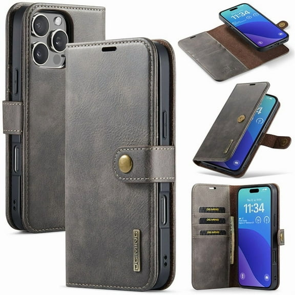 For iPhone 16 Pro DG.MING Crazy Horse Texture Detachable Magnetic Leather Phone Case,Grey,For iPhone 16 Pro