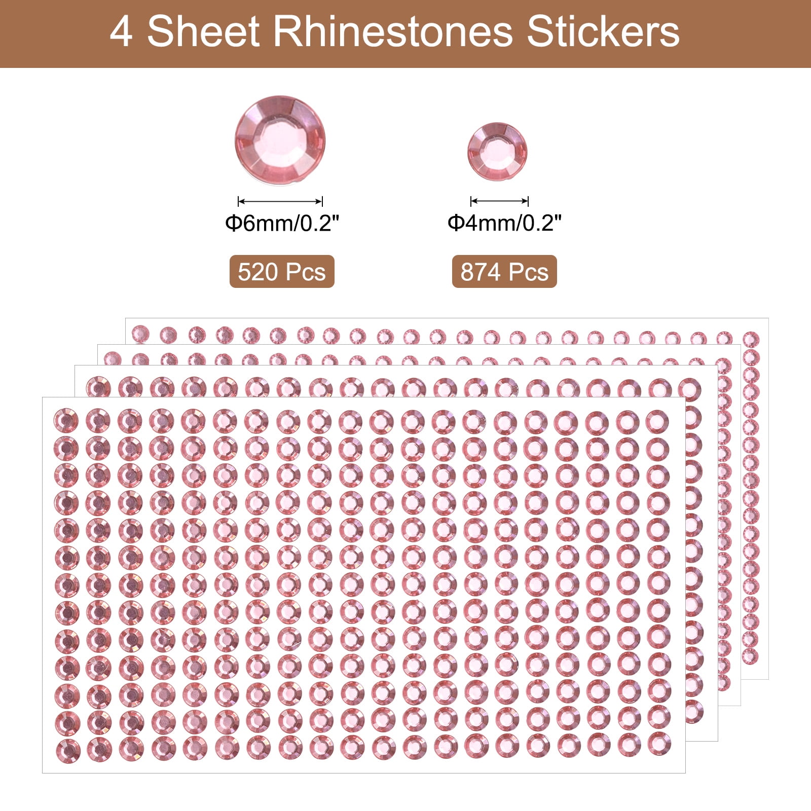 Unique Bargains 4 Sheet Self-Adhesive Round Rhinestone Stickers 1394Pcs 4mm/6mm Pink