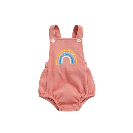 

Chollius Toddler Baby Girls Summer Romper Rainbow Embroidered Sleeveless Backless Jumpsuit Buttons Decor Casual Bodysuit