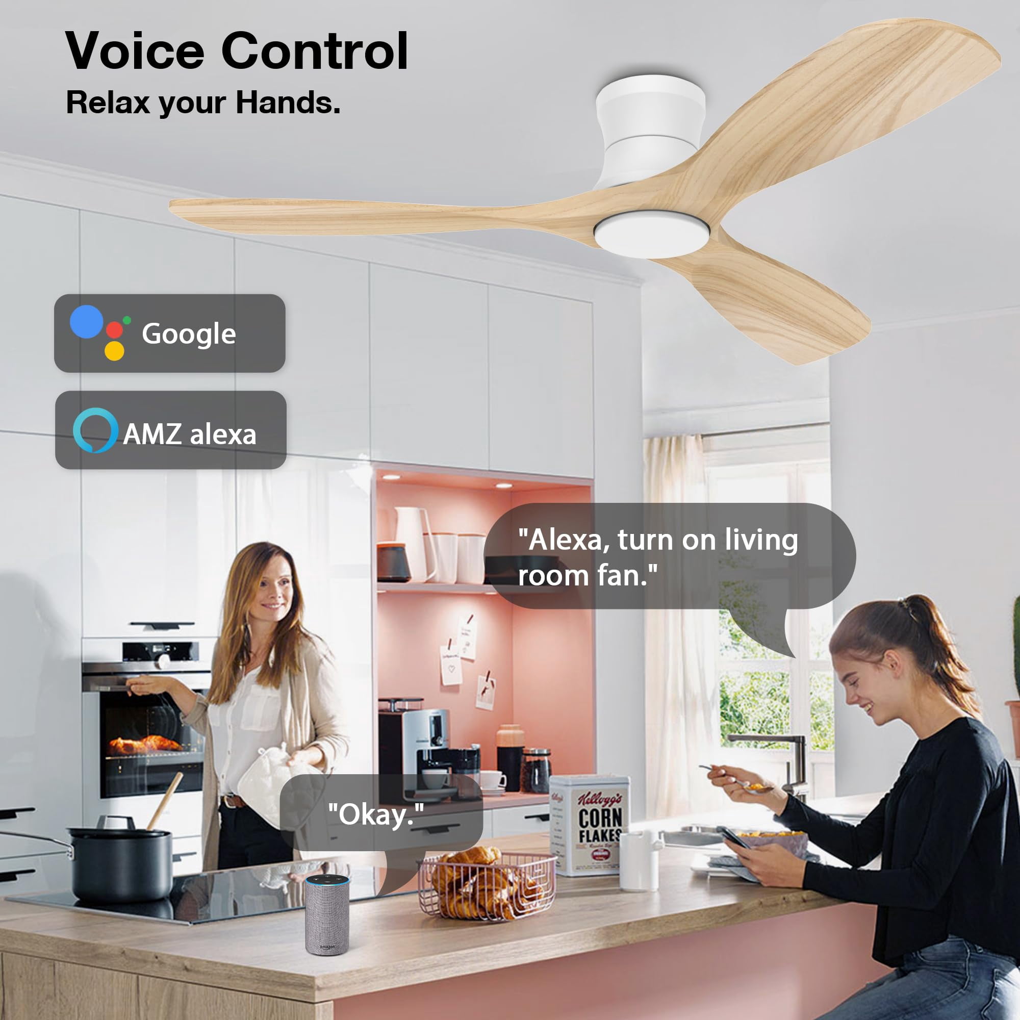 Smart 52" Wood Flush Mount Ceiling Fans with Lights and Remote,Quiet DC Motor,Outdoor Indoor Ultra Low Profile Ceiling Fan works with Alexa WIFI APP,Modern White Ceiling Fan for Bedroom Patio
