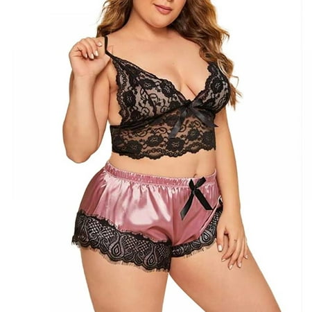 

Women s Spaghetti Strap Lace Trim Bralette and Shorts Sleepwear Pajama Lingerie Set