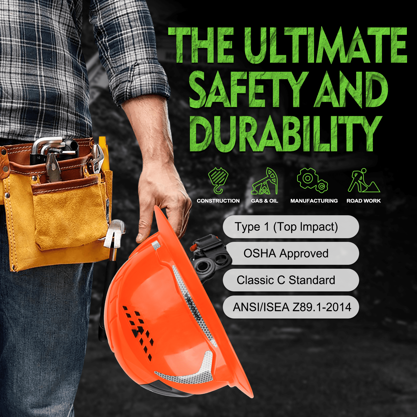 GREEN DEVIL Full Brim Hard Hat ANSI Z89.1 Type 1 Class C Certified Vented Construction Helmet with 6-Point Ratchet Suspension for Men Women