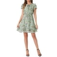 thumbnail image 2 of INSPIRE CHIC Women's Ruffle Sleeve Self-Tie V Neck Above Knee Ruffled A-Line Floral Chiffon Dress XL Light Green, 2 of 6