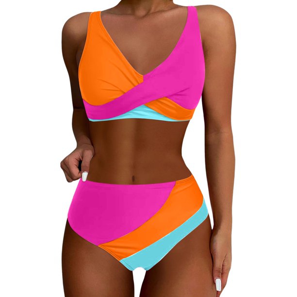 MKLEKYY Trajes De Baños Women High Waisted Bikini Sets Swimsuits Color  Block Two Piece Drawstring Bathing Suit