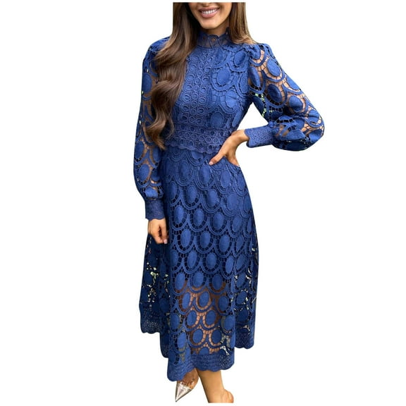 asdoklhq Corduroy Dress Women Summer Lace Sleeves Waist Wrapped Solid Round Neck Dress Navy L