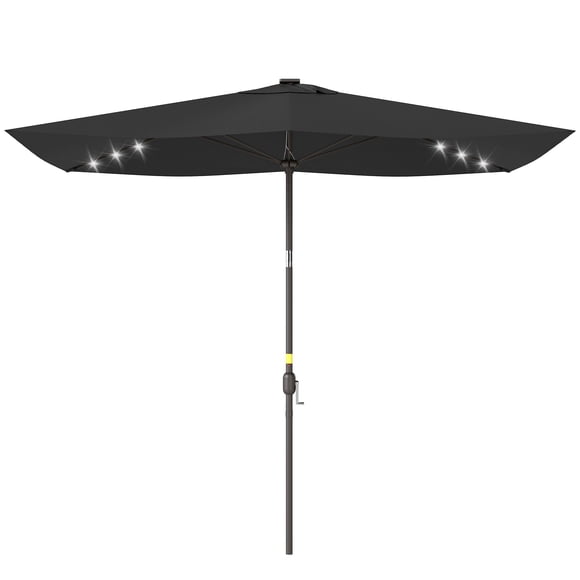 6.5x10ft Rectangular Patio Umbrella with 20 Solar LED Lights, Black UV Resistant Polyester Canopy, Tilt Function & Crank Handle, Outdoor Market Parasol for Garden, Pool, Deck