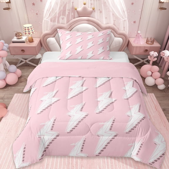 Erosebridal Cartoon Lightning Twin Comforter Sets,Pink And White Bedding Set For Girls Kids, Reversible 2 Pieces