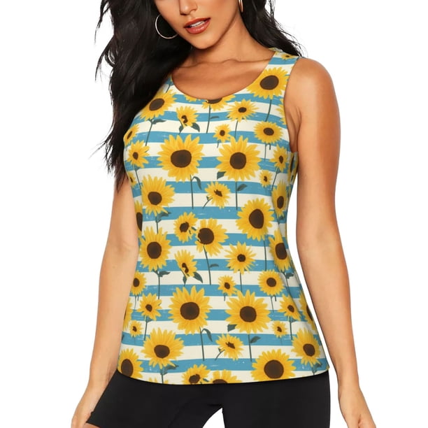 Balery White Blue Striped Sunflower Camiseta sin mangas estampada ligera para mujer, tops de entrenamiento sin mangas, camisetas de yoga transpirables de secado rápido.-Small