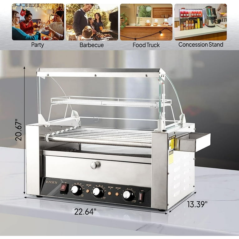 18 Hot Dog 7 Roller, Hot Dog Roller Warmer Grill Cooker Machine w/Bun  Warmer, Cover, Dual Temp Control, LED Light, Removable Shelf & Drip Tray  for