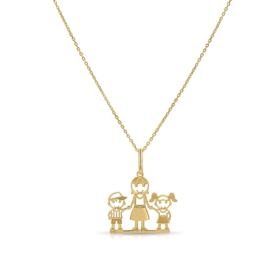 Tilo Jewelry 14K Yellow Gold Mom, Daughter, and Son Pendant Charm Necklace for Women & Unisex | 18 Inch Cable Chain