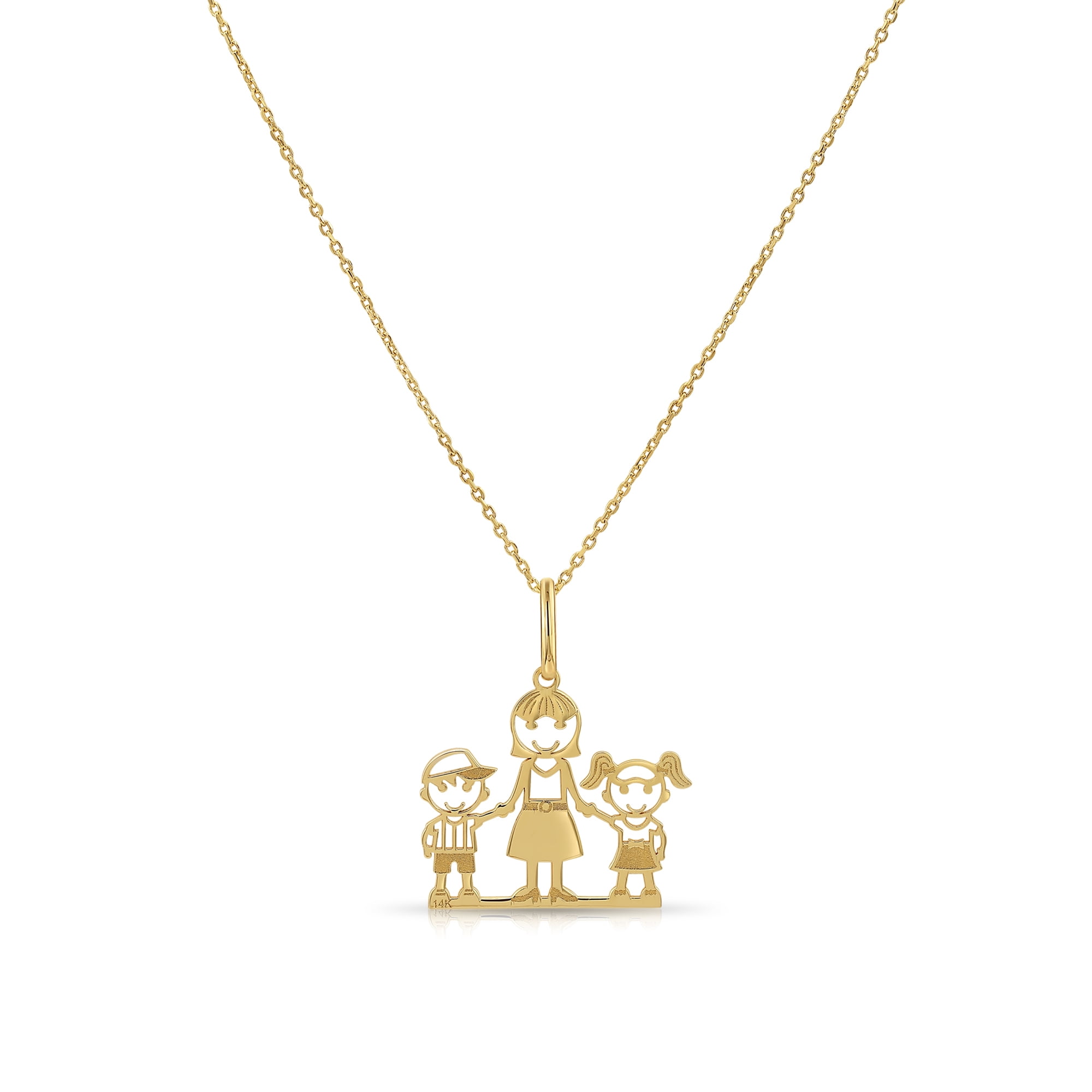 Tilo Jewelry 14K Yellow Gold Mom, Daughter, and Son Pendant Charm Necklace for Women & Unisex | 18 Inch Cable Chain