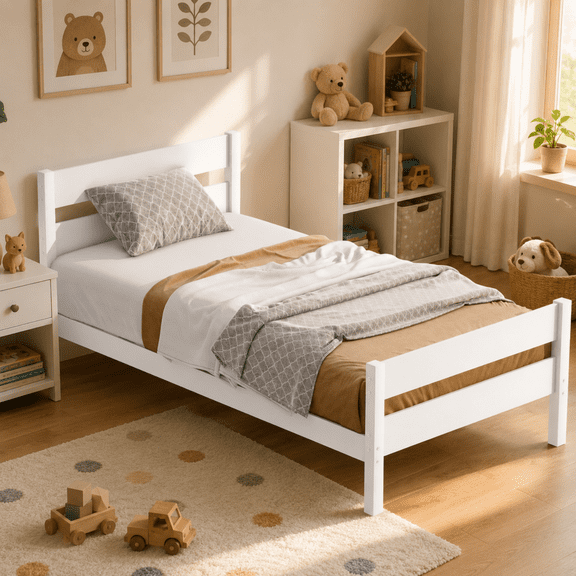 Miniyam Twin Bed Frame, Solid Rubber Wood Platform Bed with Headboard and Footboard, White