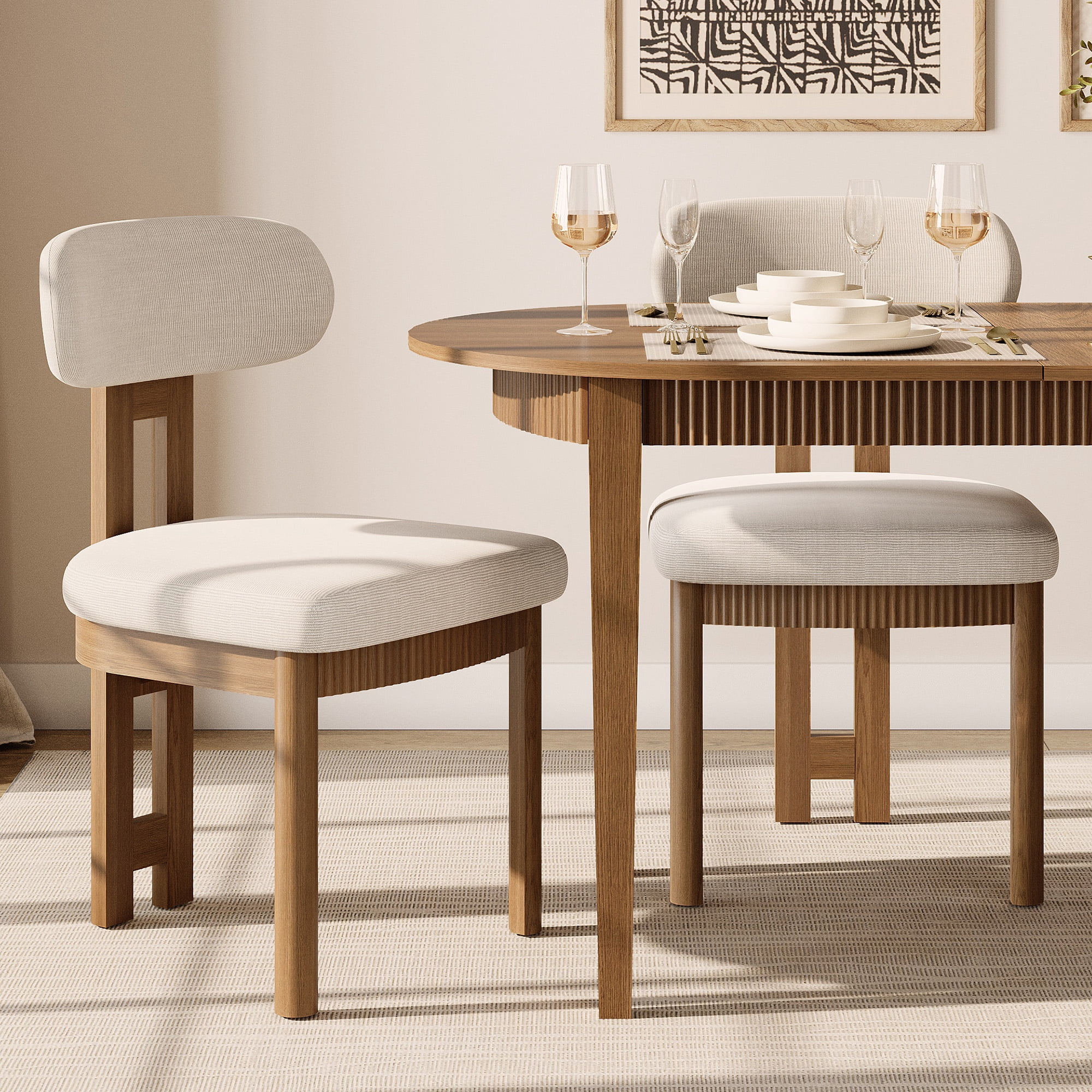 Mid-Century Modern Dining Chairs Set of 6,Polyester Linen Fabric Kitchen Chairs with Solid Wood Legs and Fluted Apron, Armless Side Chairs with Curved Backrest For Dining Room, Living Room