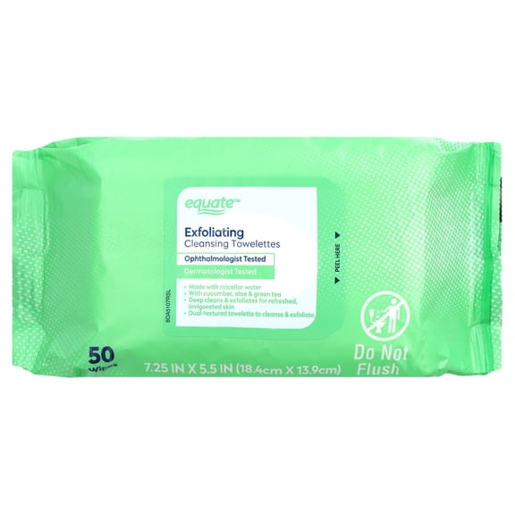 Equate Exfoliating Cleansing Towelettes with Cucumber, Aloe, and Green Tea, 100 Count