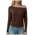 thumbnail image 2 of kaprioy Women's Boat Neck Tops Long Sleeve Shirts Casual Fitted Tee Shirts Solid Color Fall Basic Clothes Coffee, M, 2 of 8