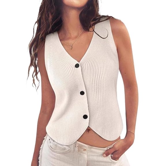 Sweater Vest Women Spring Summer Casual V Neck Sleeveless Button Down Waistcoat Knit Tank Tops