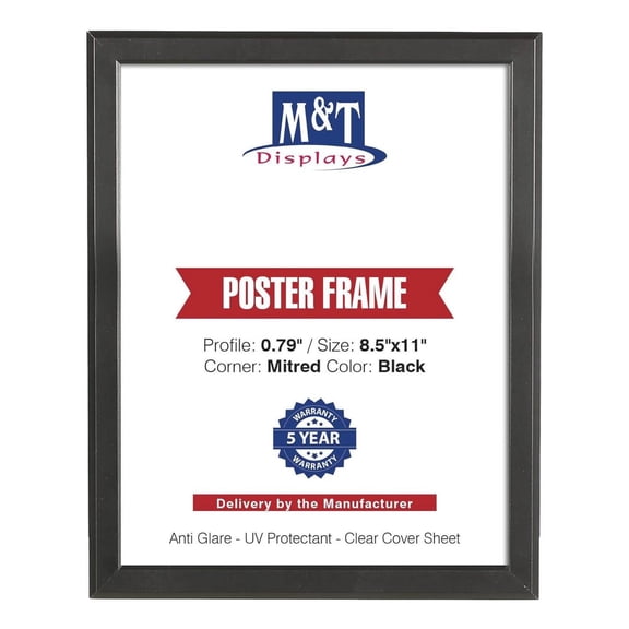 M&T Displays Snap Poster Frame 8.5x11 Inch Black 0.79" Aluminum Profile Easy Front Loading Wall Mounting Photo Picture Document Sign Holder Mitered Corner Anti Glare Cover