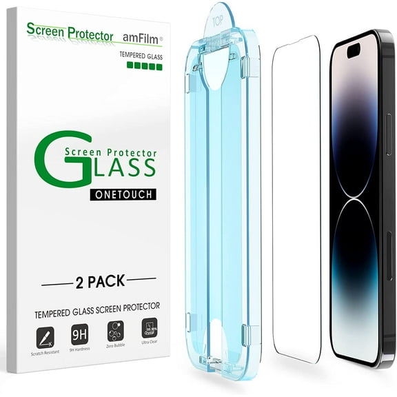 (2pack) amFilm OneTouch for iPhone 14 Pro Max Tempered Glass Screen Protector (6.7", 2022), Dynamic Island Compatible- with Easy Installation Kit, Full Coverage Case Friendly